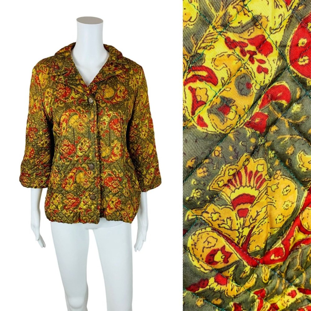 Vintage 60s Quilted Paisley Bed Jacket Red Green Mid Century Lingerie
